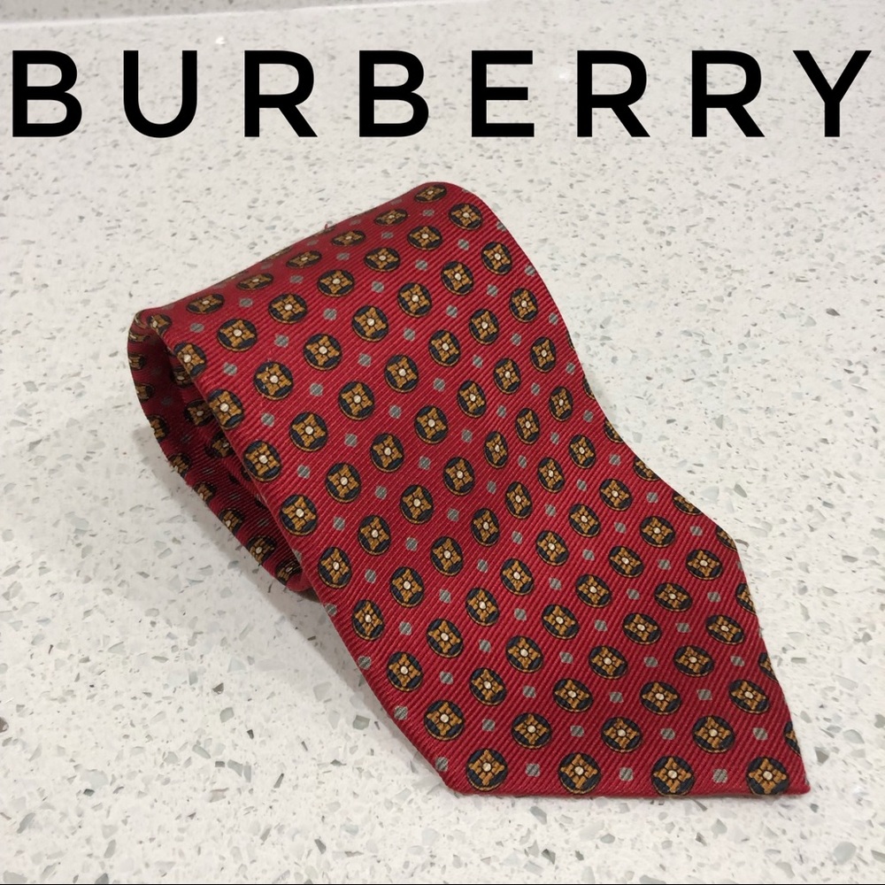 Vintage Burberry London Red Geometric Print Tie